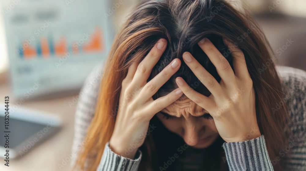 A person experiencing stress with hands on their head, sitting at a desk, surrounded by charts and documents in a cluttered workspace A person experiencing stress with hands on their head, sitting at a desk, surrounded by charts and documents in a cluttered workspace