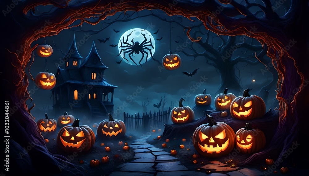 Fototapeta premium Halloween' Day with orange pumpkin, black bat, dead tree and big orange moon.
