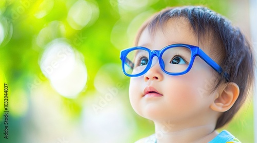 Young child wearing blue glasses focusing on distant tree outside window, symbolizing myopia prevention and importance of outdoor activities.