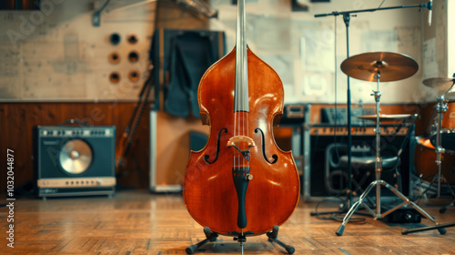 A bass stands prominently in a rehearsal room filled with musical instruments and equipment during a creative practice session