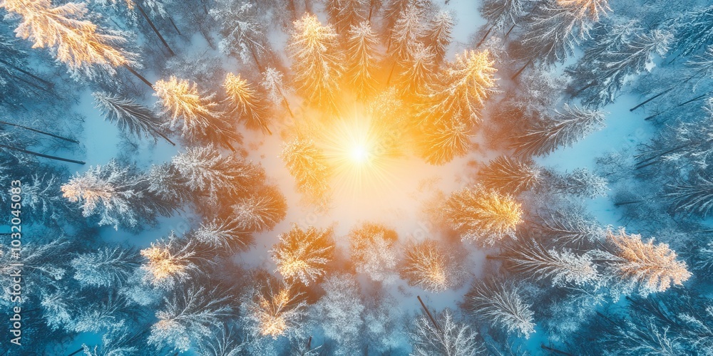 Fototapeta premium Aerial view of a snow-covered pine forest at dawn, the sun casting long shadows through the trees as it rises over the horizon.