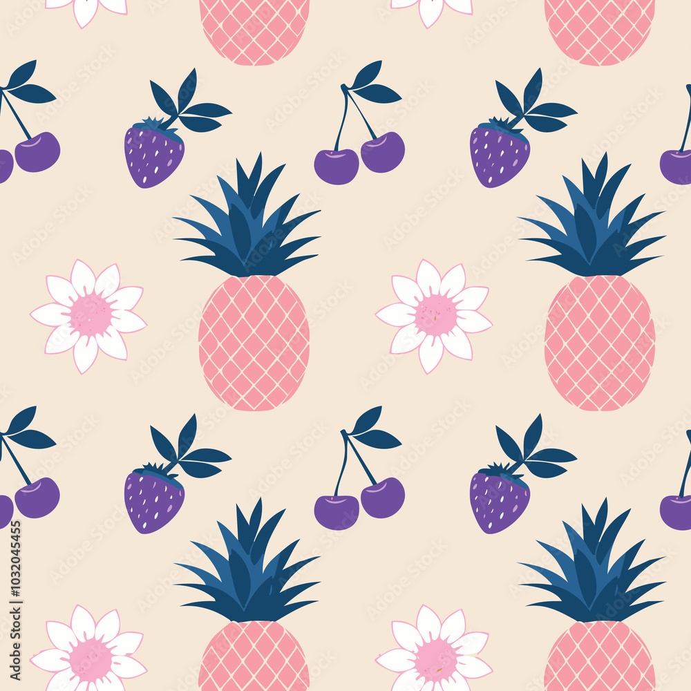 A pattern with pineapples and berries on a beige background. A pattern with pineapples and berries on a beige background.