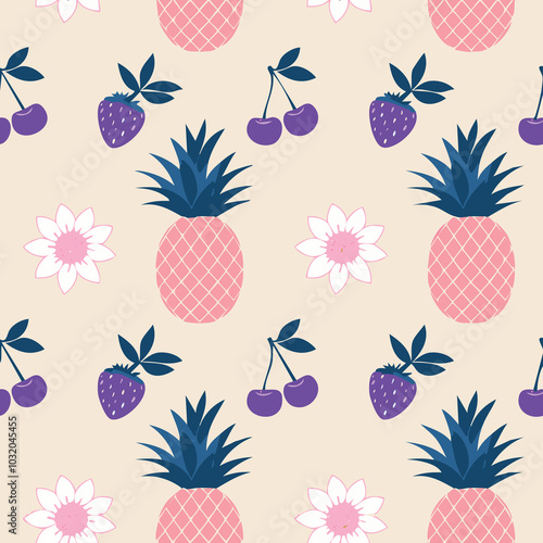 Wallpaper Mural A pattern with pineapples and berries on a beige background. Torontodigital.ca
