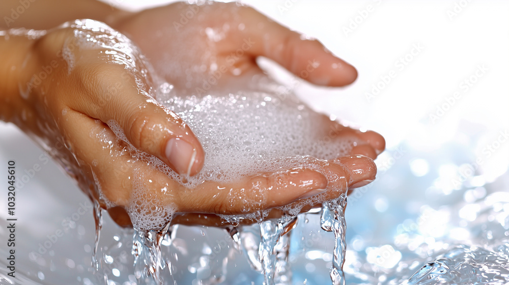 Fototapeta premium Hands covered in soap suds under running water.