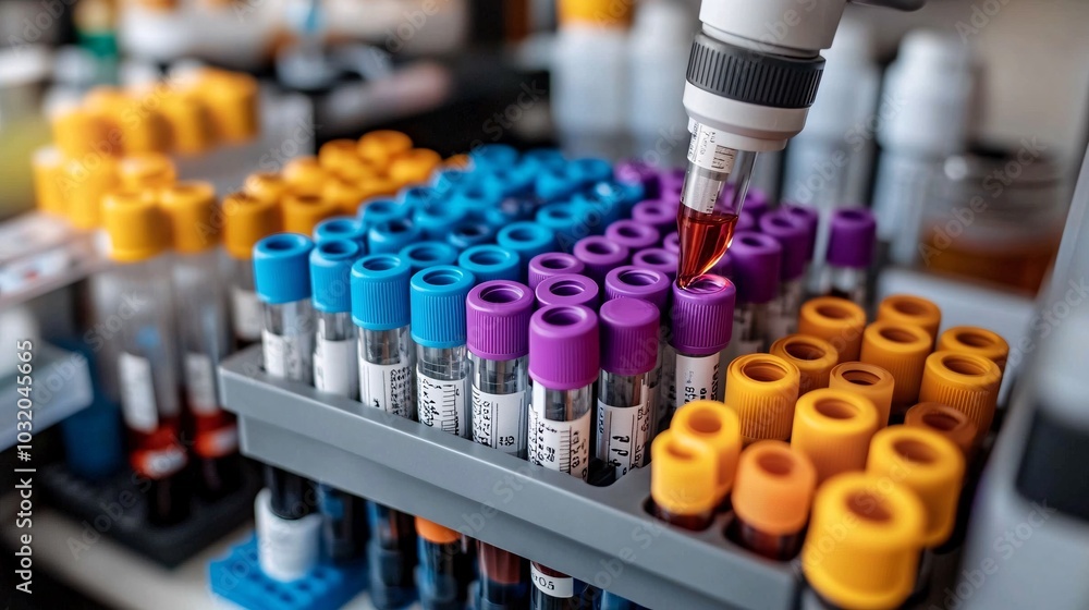 Lab technician gloves next to centrifuges pipettes and slides prepared for research Stock Photo with side copy space Lab technician gloves next to centrifuges pipettes and slides prepared for research Stock Photo with side copy space