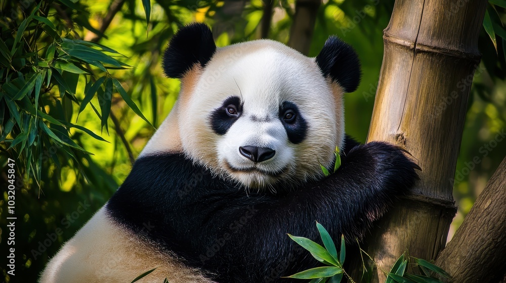 Panda Resting Peacefully Against Bamboo Tree Panda Resting Peacefully Against Bamboo Tree