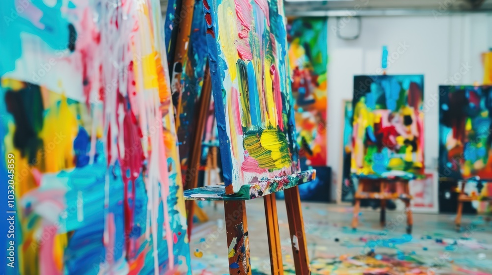 Obraz premium Colorful Abstract Paintings on Easels in a Messy Studio