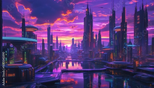 City of a future against purple sunset sky with clouds. Futuristic building with bright neon lights. Wallpaper in a style of cyberpunk.