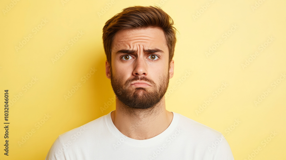 Fototapeta premium A determined individual stands before a bright yellow background, expressing focus and contemplation in a personal moment of reflection