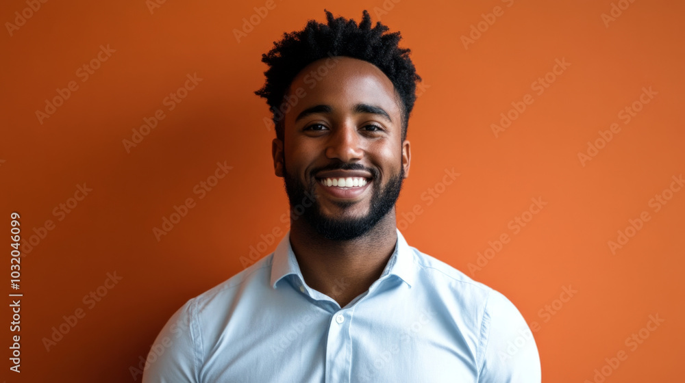 Fototapeta premium A confident individual smiling warmly in front of a vibrant orange background at a casual gathering