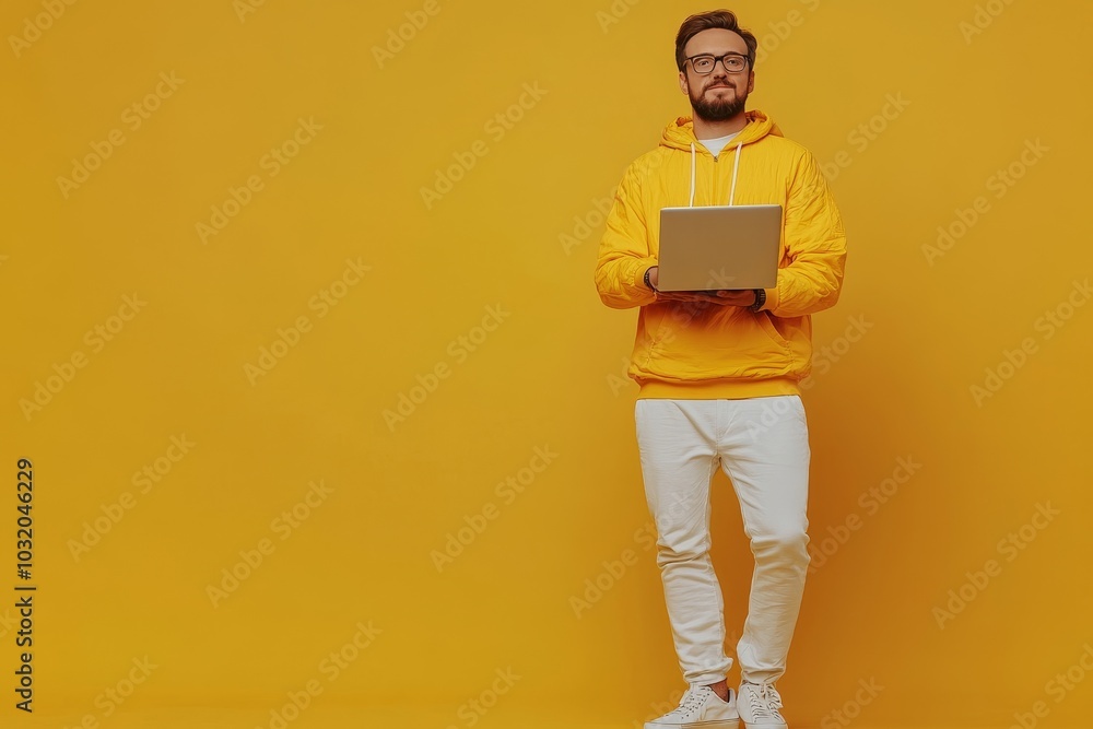 Happy european man with laptop for remote work or online shopping, posing over yellow studio background and smiling at camera, full length shot, copy, Generative AI Happy european man with laptop for remote work or online shopping, posing over yellow studio background and smiling at camera, full length shot, copy, Generative AI