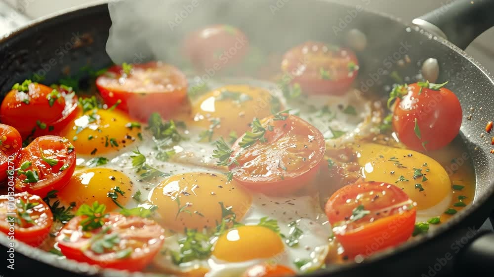 A plate of eggs and tomatoes with parsley on top A plate of eggs and tomatoes with parsley on top