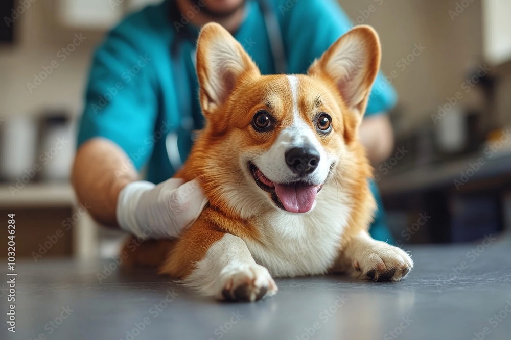 Male veterinarian in work blue uniform bandaging a paw of cute pembroke welsh corgi dog sitting on the table at veterinary clinic, Generative AI Male veterinarian in work blue uniform bandaging a paw of cute pembroke welsh corgi dog sitting on the table at veterinary clinic, Generative AI