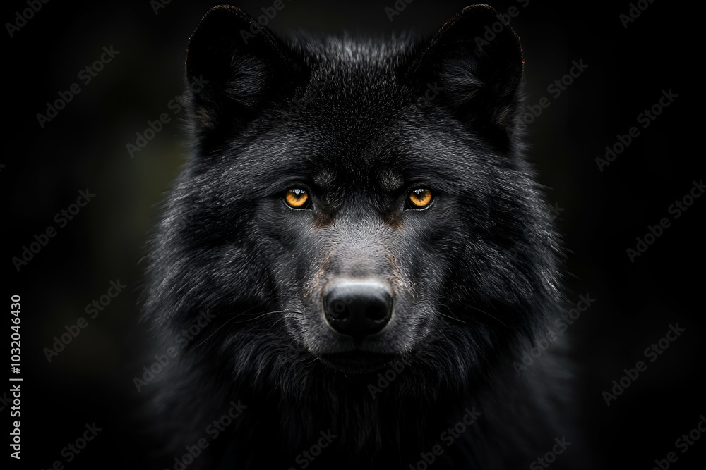 A striking black wolf with intense golden eyes stares directly at the viewer against a dark background, creating a mysterious and powerful presence. A striking black wolf with intense golden eyes stares directly at the viewer against a dark background, creating a mysterious and powerful presence.
