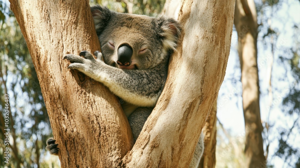 Obraz premium Sleepy Koala Nestled in Eucalyptus Fork