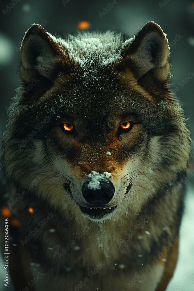 A striking wolf with piercing orange eyes stands in a snowy landscape, embodying strength and mystery. A striking wolf with piercing orange eyes stands in a snowy landscape, embodying strength and mystery.