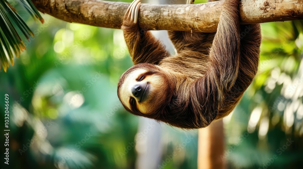 Sloth Hanging Upside Down from Tree Branch in Nature Sloth Hanging Upside Down from Tree Branch in Nature