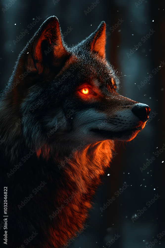 A haunting wolf with glowing orange eyes, set against a dark, snowy forest backdrop, exuding a mysterious and powerful aura. A haunting wolf with glowing orange eyes, set against a dark, snowy forest backdrop, exuding a mysterious and powerful aura.