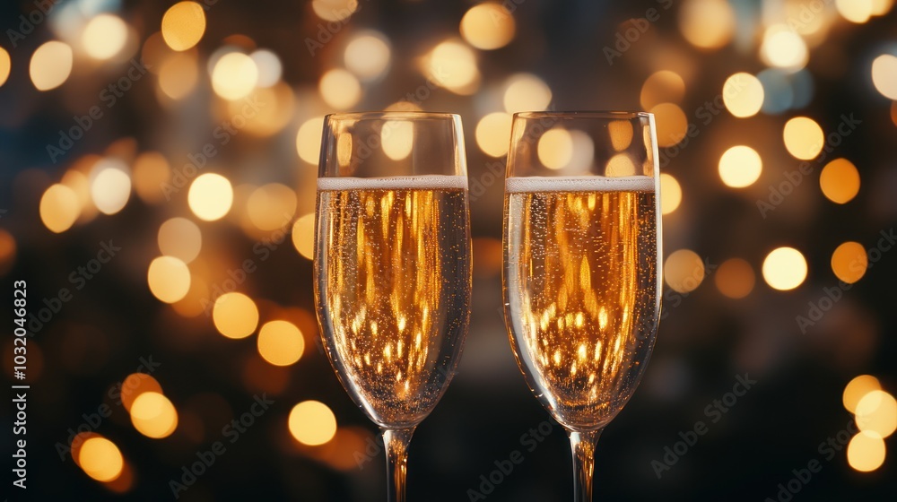 Two Glasses of Champagne with Golden Lights Two Glasses of Champagne with Golden Lights