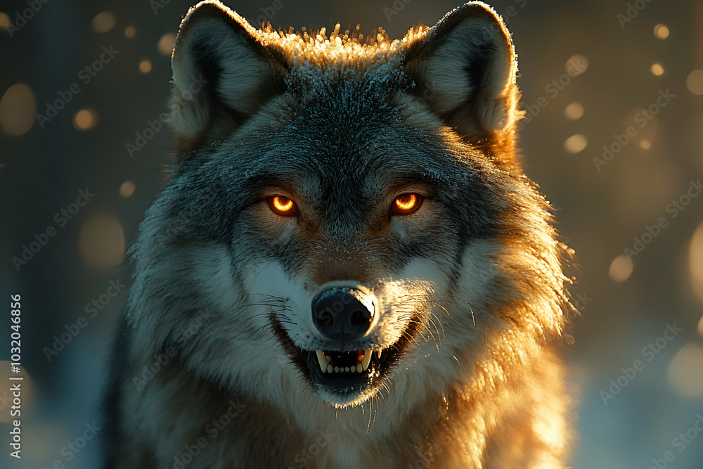 A striking close-up of a wolf with glowing eyes in a dramatic, foggy landscape, conveying power and mystery. A striking close-up of a wolf with glowing eyes in a dramatic, foggy landscape, conveying power and mystery.
