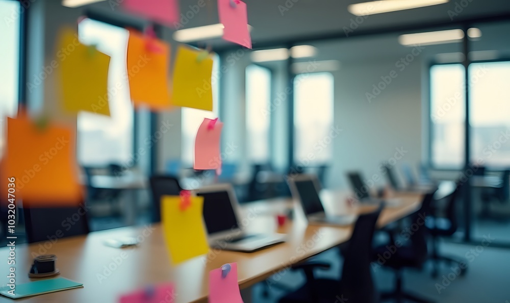 Office room filled with colorful sticky notes and multiple working laptops. Office room filled with colorful sticky notes and multiple working laptops.