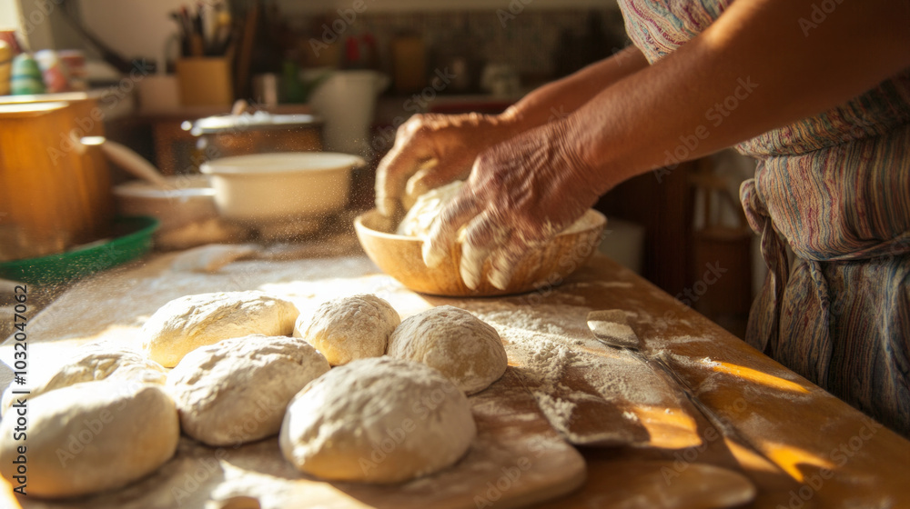Home baker kneading fresh dough on a wooden countertop in a sunlit kitchen filled with the aroma of handmade bread Home baker kneading fresh dough on a wooden countertop in a sunlit kitchen filled with the aroma of handmade bread