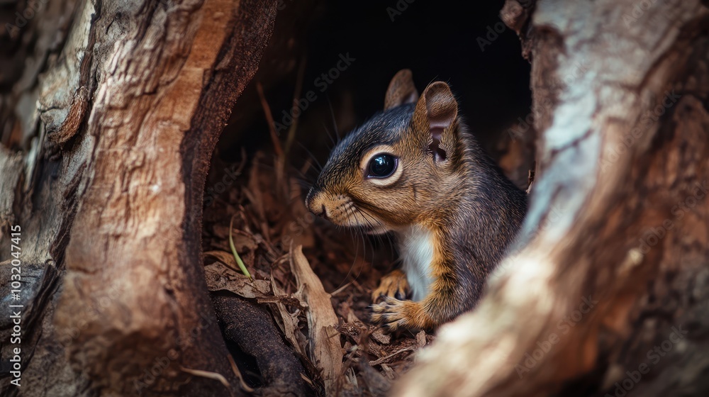Squirrel Nesting in Hollow Tree Interior