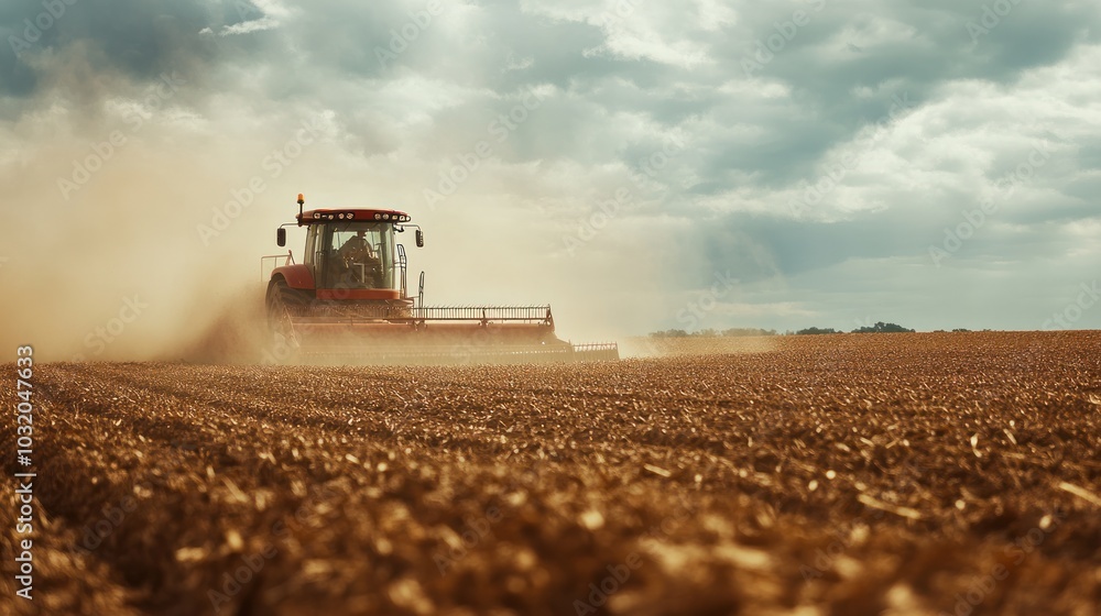 Fototapeta premium Farm equipment at work during planting season, supporting efficient and large-scale crop production