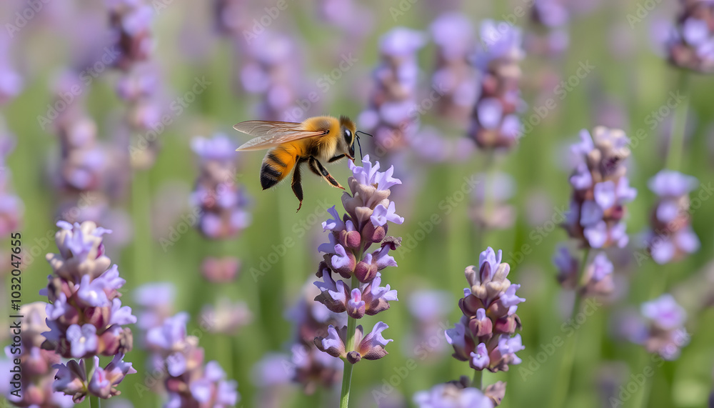 Bee hovering above lavender flowers in a field isolated with white highlights, png Bee hovering above lavender flowers in a field isolated with white highlights, png