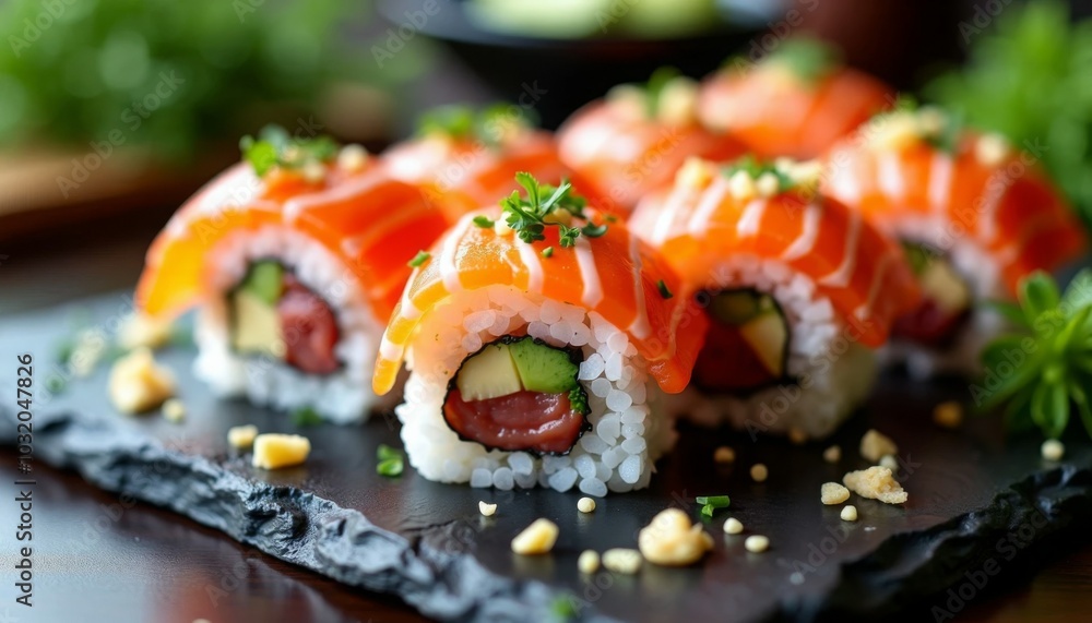 A plate of sushi with avocado and rice A plate of sushi with avocado and rice