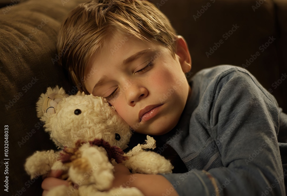 person a a little boy sitting on a couch hugging a stuffed anima person a a little boy sitting on a couch hugging a stuffed anima
