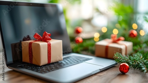 Laptop screen displaying a vibrant holiday sale banner on an ecommerce website  The banner features a seasonal design with discounts and special offers for online shoppers