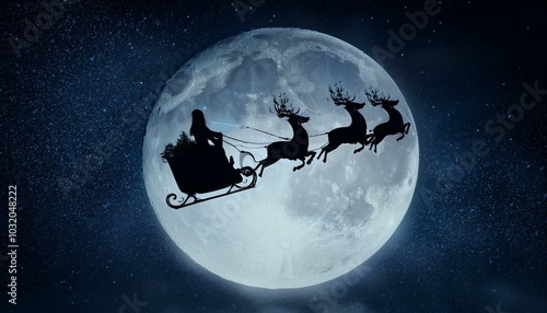 Silhouette of Santa Claus on the sleigh pulled by reindeer flying in the moonlight 