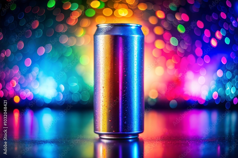 Energy drink can with blue-purple gradient against festive bokeh background Energy drink can with blue-purple gradient against festive bokeh background