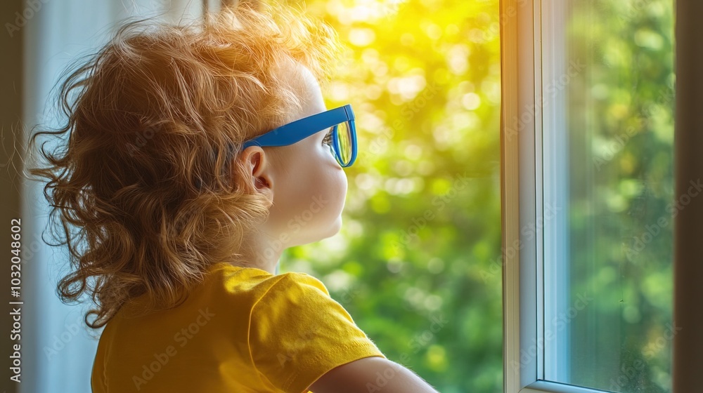 Young child wearing blue glasses focusing on distant tree outside window, symbolizing myopia prevention and importance of outdoor activities. Young child wearing blue glasses focusing on distant tree outside window, symbolizing myopia prevention and importance of outdoor activities.