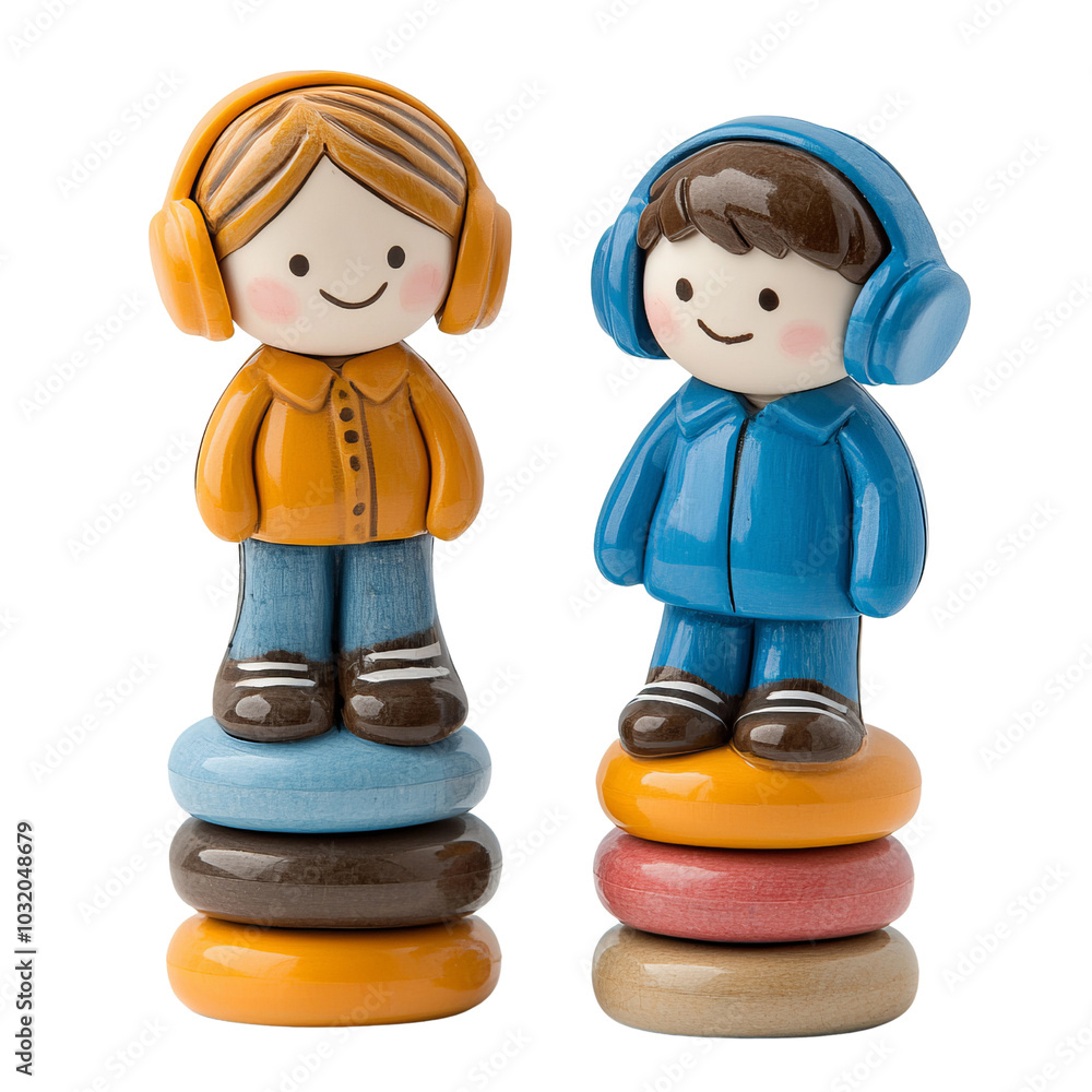 Two playful figurines with headphones, colorful stacking stones underneath. Two playful figurines with headphones, colorful stacking stones underneath.