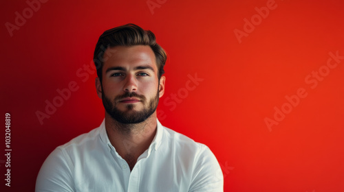 A man with a beard poses confidently against a vibrant red backdrop in a stylish shirt, showcasing a modern and bold aesthetic