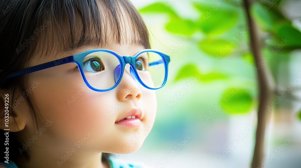 Young child wearing blue glasses focusing on distant tree outside window, symbolizing myopia prevention and importance of outdoor activities. Young child wearing blue glasses focusing on distant tree outside window, symbolizing myopia prevention and importance of outdoor activities.