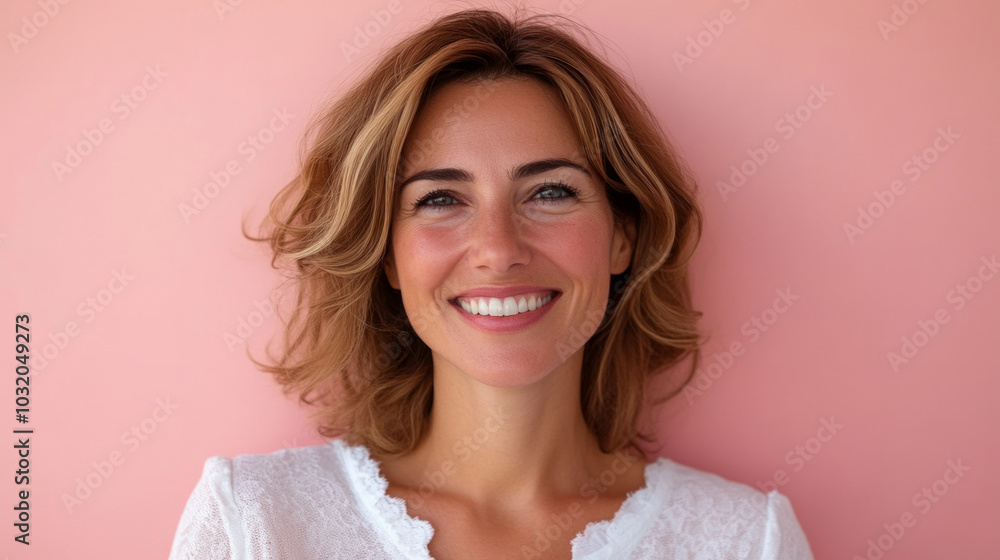A smiling woman standing confidently in front of a pastel pink background during a sunny day, showcasing her vibrant personality