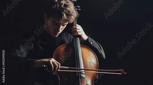 A young man plays the cello. photo