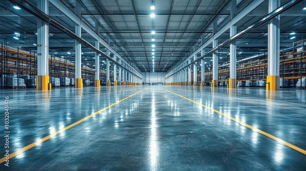 Empty warehouse with well-lit, polished floors, space optimization concept Empty warehouse with well-lit, polished floors, space optimization concept