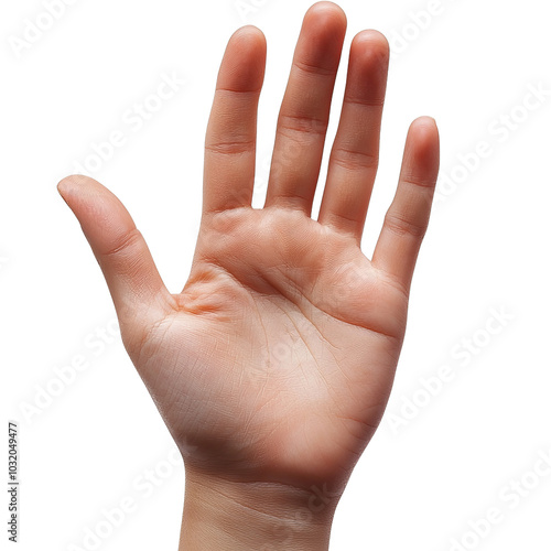 Open hand gesture, displaying fingers, white isolated background. photo