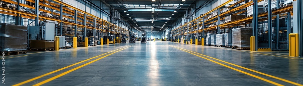 Interior of a well-lit warehouse with a combination of manual and robotic systems Interior of a well-lit warehouse with a combination of manual and robotic systems