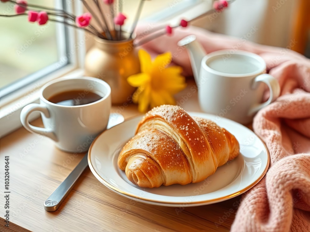 A croissant on a plate next to a steaming cup of coffee A croissant on a plate next to a steaming cup of coffee