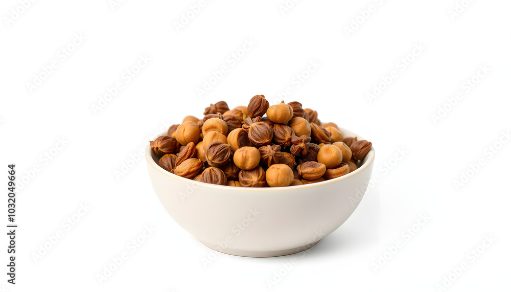 Ceramic bowl with dried pet food on white background isolated with white highlights, png Ceramic bowl with dried pet food on white background isolated with white highlights, png