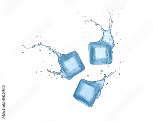 Transparent PNG image of flying ice cubes with a water splash on a white background is isolated for digital use.