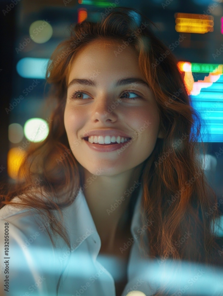 Obraz premium Modern Woman Smiling at Camera in Urban Environment