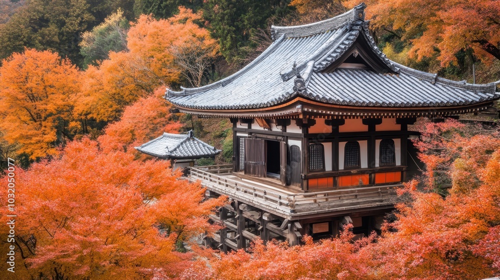 A Japanese temple surrounded by a vibrant sea of maple leaves, with detailed architecture and serene natural beauty. A Japanese temple surrounded by a vibrant sea of maple leaves, with detailed architecture and serene natural beauty.