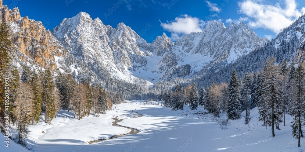 Drone view of a snowy alpine valley, with a river winding through the trees and snow-covered peaks in the background. Drone view of a snowy alpine valley, with a river winding through the trees and snow-covered peaks in the background.