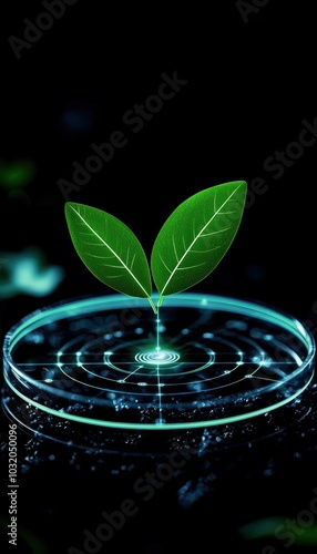 A vibrant green plant with two leaves growing from a circular water surface, symbolizing growth and vitality. photo